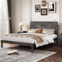 Modern Queen Size Farmhouse Wooden Platform Bed With Antique Gray Finish And Two Bedside Lights