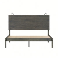 Modern Queen Size Farmhouse Wooden Platform Bed With Antique Gray Finish And Two Bedside Lights