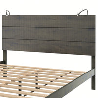 Modern Queen Size Farmhouse Wooden Platform Bed With Antique Gray Finish And Two Bedside Lights
