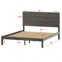 Modern Queen Size Farmhouse Wooden Platform Bed With Antique Gray Finish And Two Bedside Lights