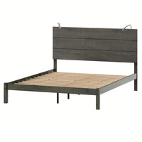 Modern Queen Size Farmhouse Wooden Platform Bed With Antique Gray Finish And Two Bedside Lights