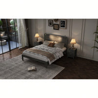 Modern Queen Size Farmhouse Wooden Platform Bed With Antique Gray Finish And Two Bedside Lights