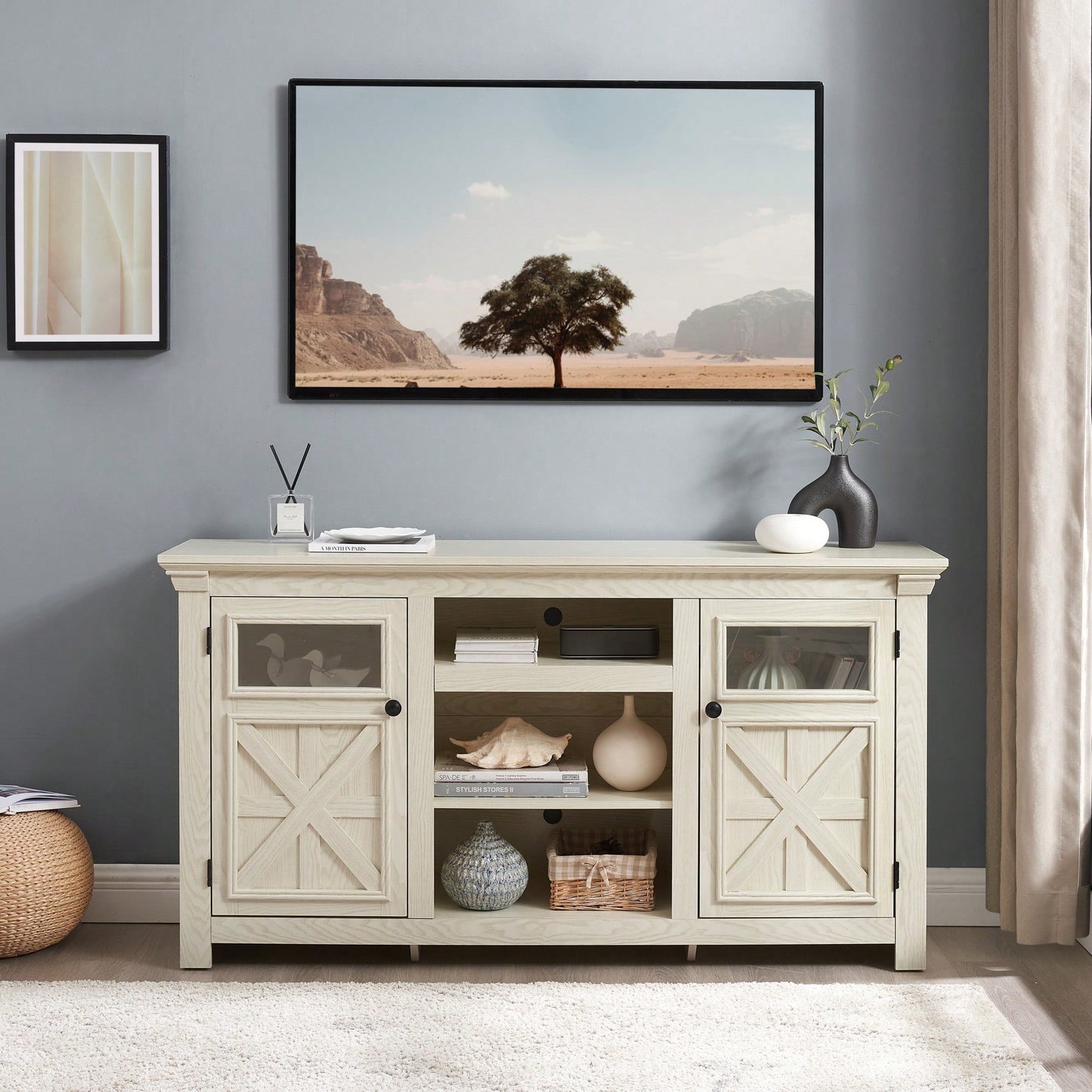 Farmhouse Style 2 Door TV Stand With Barn Design Modern Media Console White 60 Inch Wide Entertainment Center