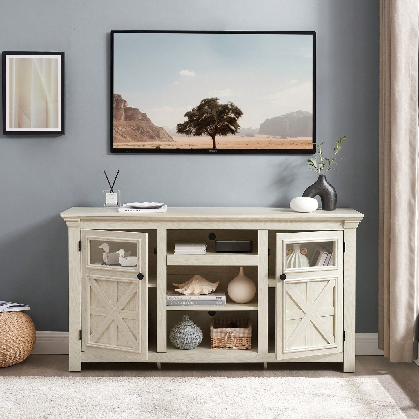 Farmhouse Style 2 Door TV Stand With Barn Design Modern Media Console White 60 Inch Wide Entertainment Center