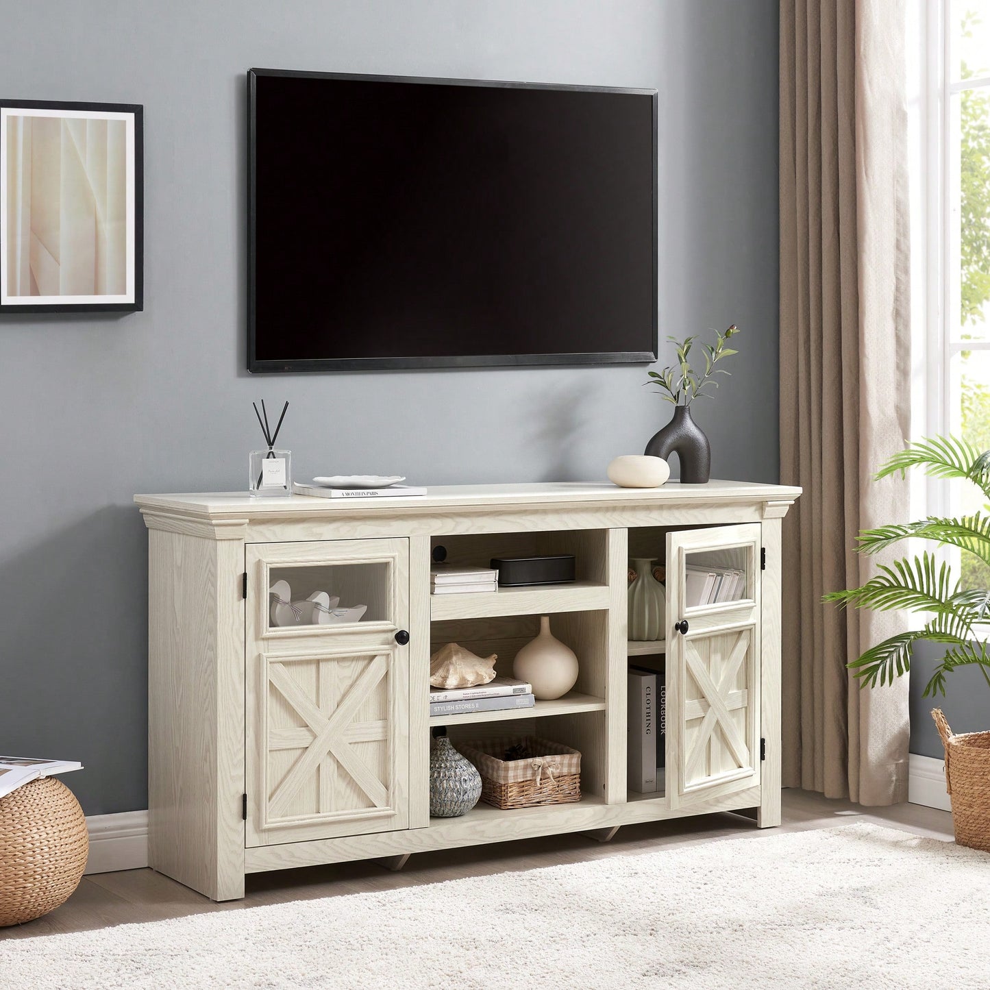 Farmhouse Style 2 Door TV Stand With Barn Design Modern Media Console White 60 Inch Wide Entertainment Center