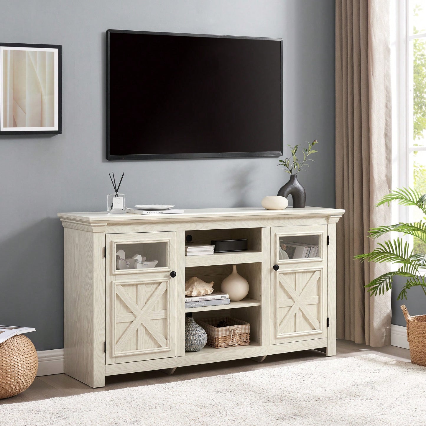 Farmhouse Style 2 Door TV Stand With Barn Design Modern Media Console White 60 Inch Wide Entertainment Center