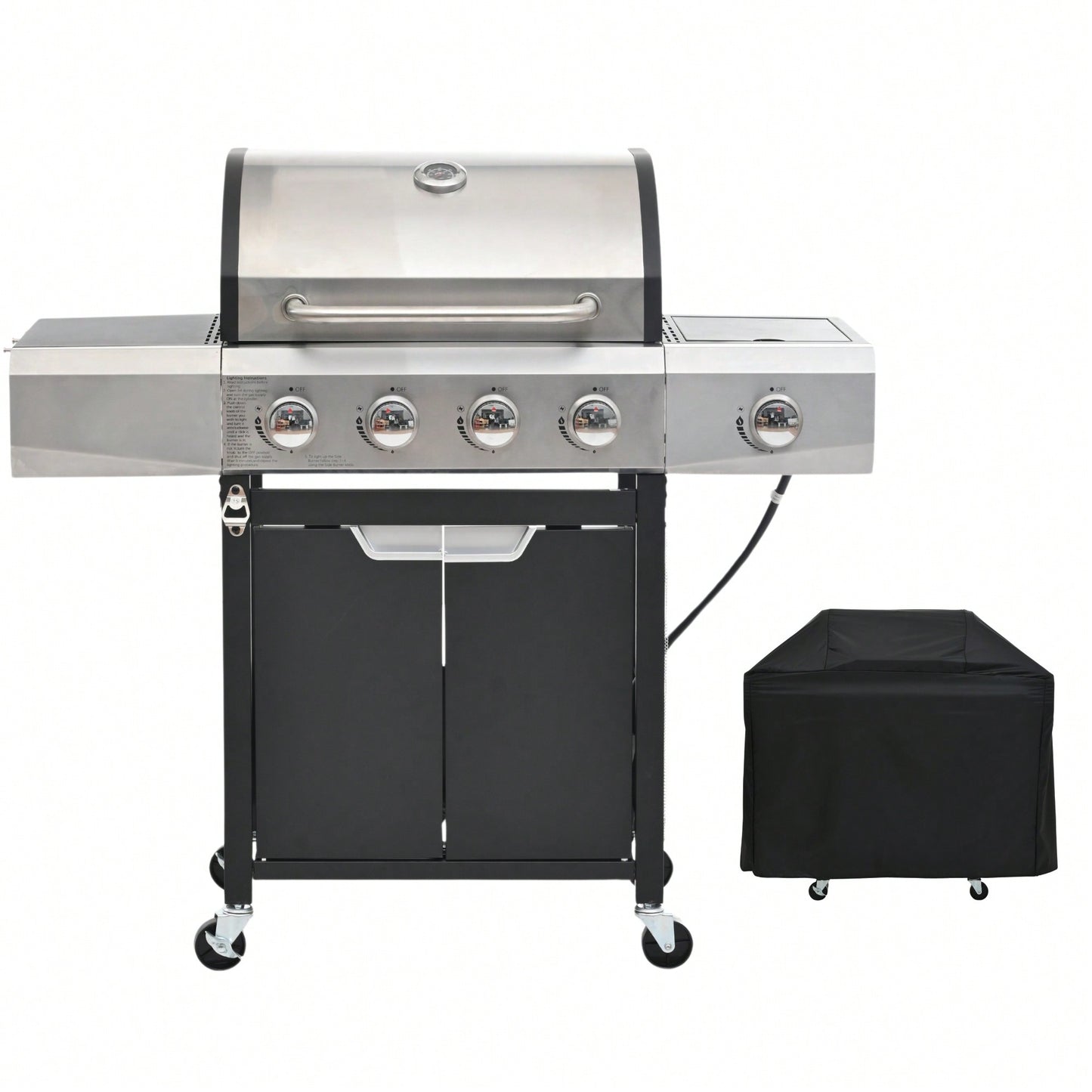 4 Burner Stainless Steel Gas Grill With Side Burner And Protective Cover For Outdoor BBQ And Camping