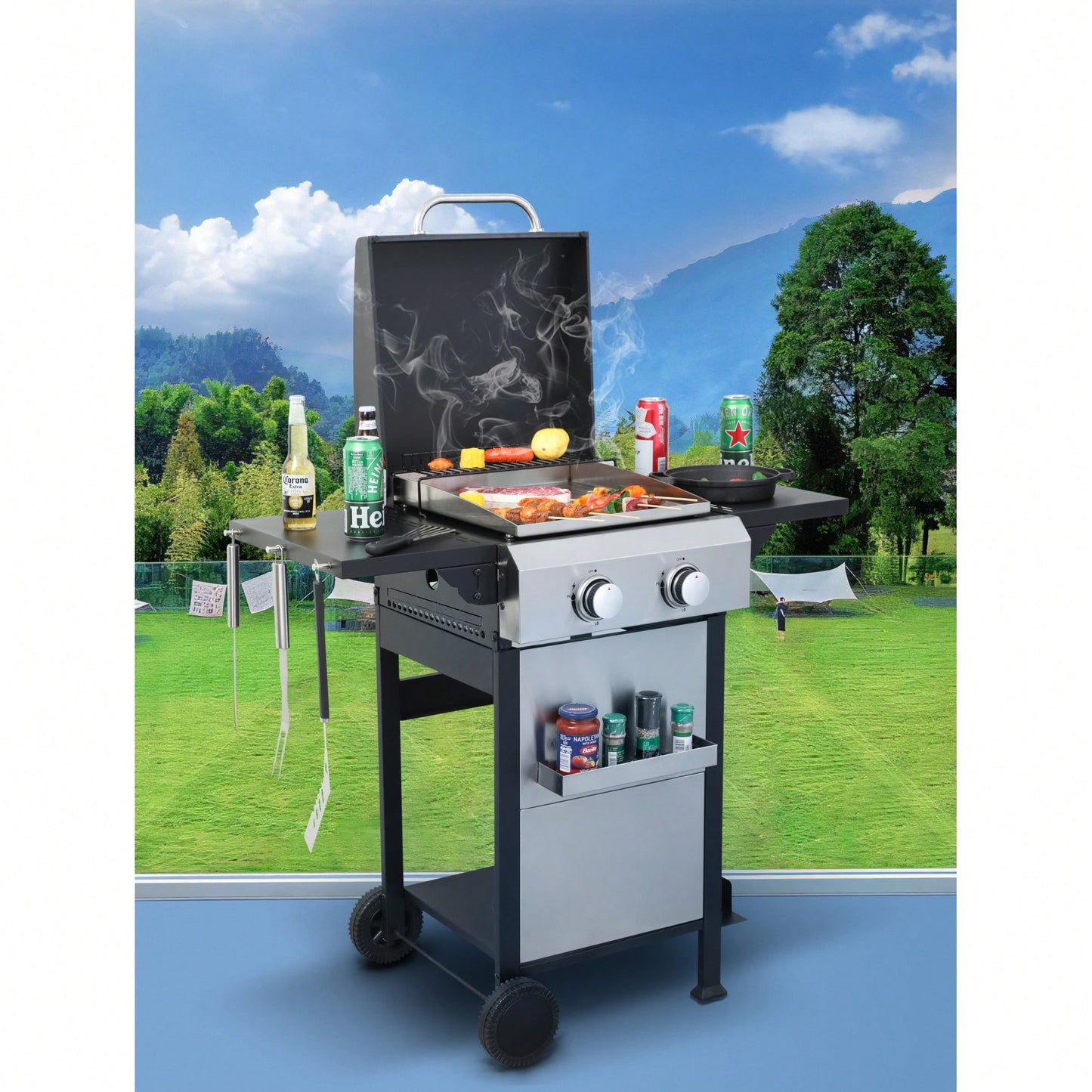 Portable 2-Burner Propane BBQ Grill with Stainless Steel Plancha 24600 BTU Enamel Grids Foldable Side Table and Hanging Basket