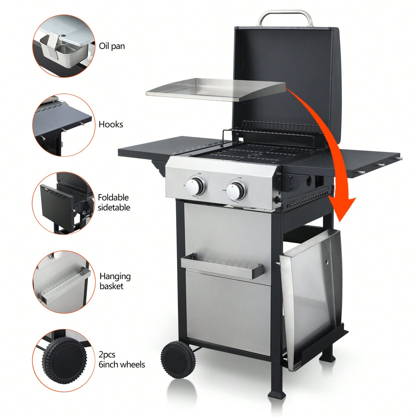 Portable 2-Burner Propane BBQ Grill with Stainless Steel Plancha 24600 BTU Enamel Grids Foldable Side Table and Hanging Basket