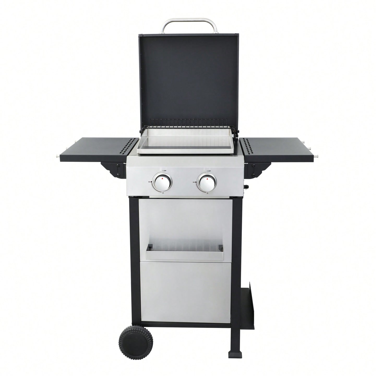 Portable 2-Burner Propane BBQ Grill with Stainless Steel Plancha 24600 BTU Enamel Grids Foldable Side Table and Hanging Basket