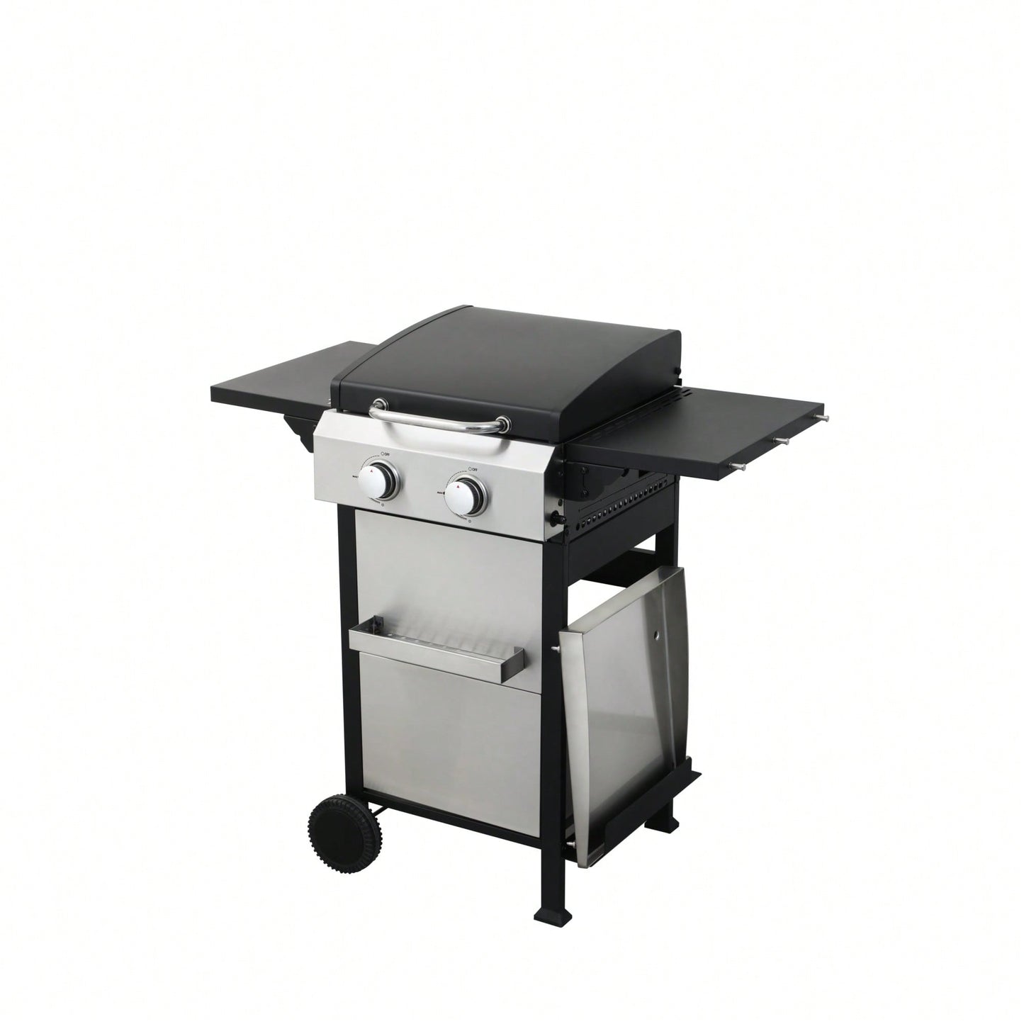 Portable 2-Burner Propane BBQ Grill with Stainless Steel Plancha 24600 BTU Enamel Grids Foldable Side Table and Hanging Basket