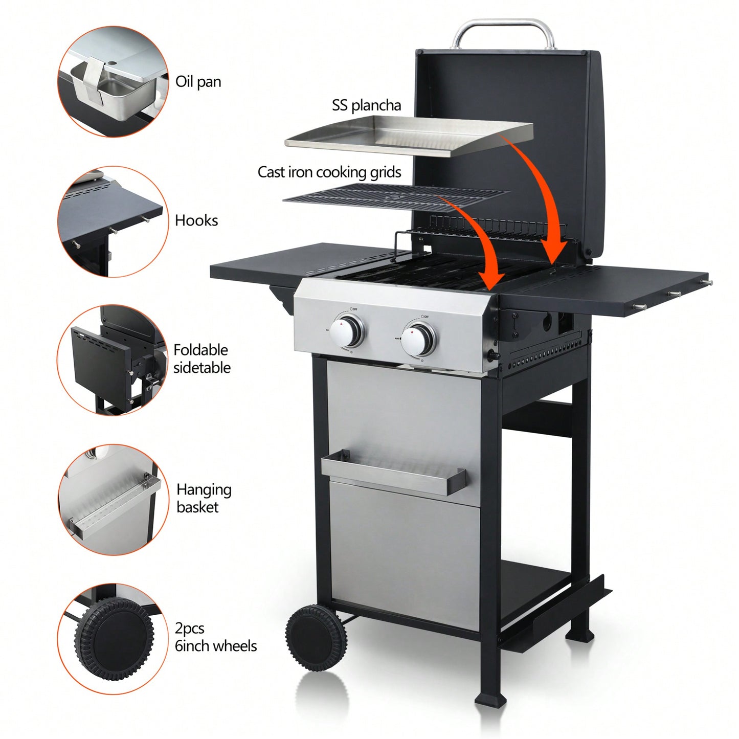 Portable 2-Burner Propane BBQ Grill with Stainless Steel Plancha 24600 BTU Enamel Grids Foldable Side Table and Hanging Basket