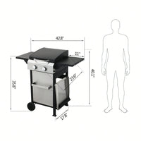 Portable 2-Burner Propane BBQ Grill with Stainless Steel Plancha 24600 BTU Enamel Grids Foldable Side Table and Hanging Basket