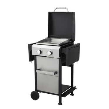 Portable 2-Burner Propane BBQ Grill with Stainless Steel Plancha 24600 BTU Enamel Grids Foldable Side Table and Hanging Basket