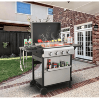 4-Burner Propane Gas BBQ Grill With Stainless Steel Plancha And 49200 BTU Output, Wire Enamel Cooking Grids, Foldable Side Table, And Hanging Basket For Outdoor Cooking