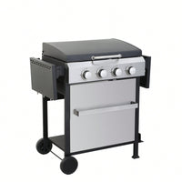 4-Burner Propane Gas BBQ Grill With Stainless Steel Plancha And 49200 BTU Output, Wire Enamel Cooking Grids, Foldable Side Table, And Hanging Basket For Outdoor Cooking