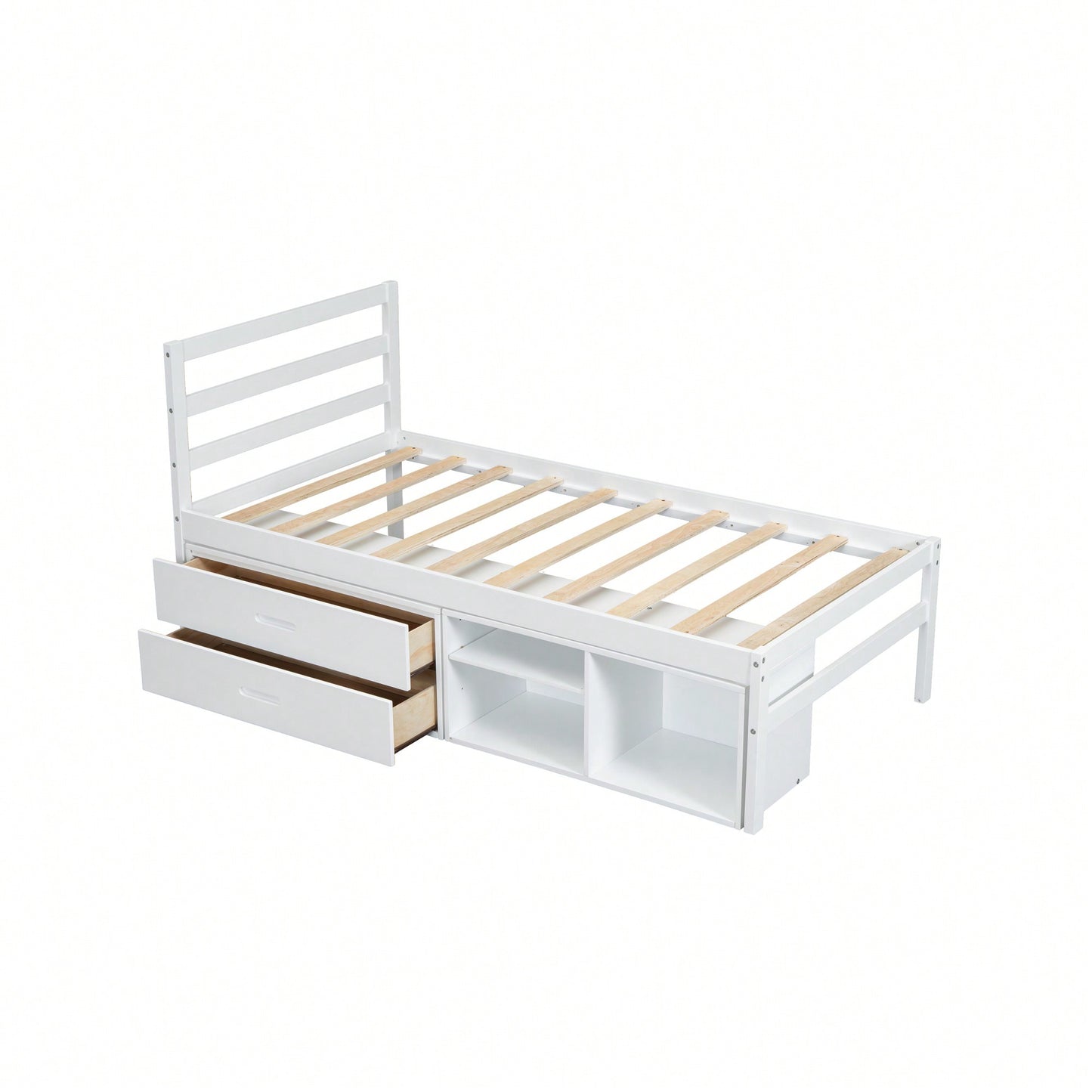 Wood Twin Size Platform Bed With Removable Storage Shelves And Built-In Drawers For Convenient Organization In White