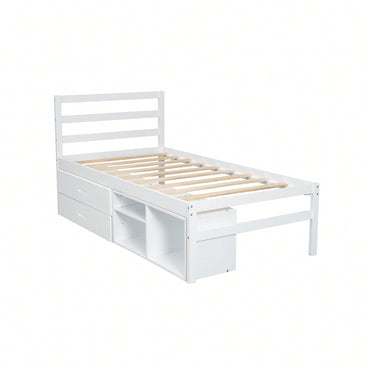 Wood Twin Size Platform Bed With Removable Storage Shelves And Built-In Drawers For Convenient Organization In White