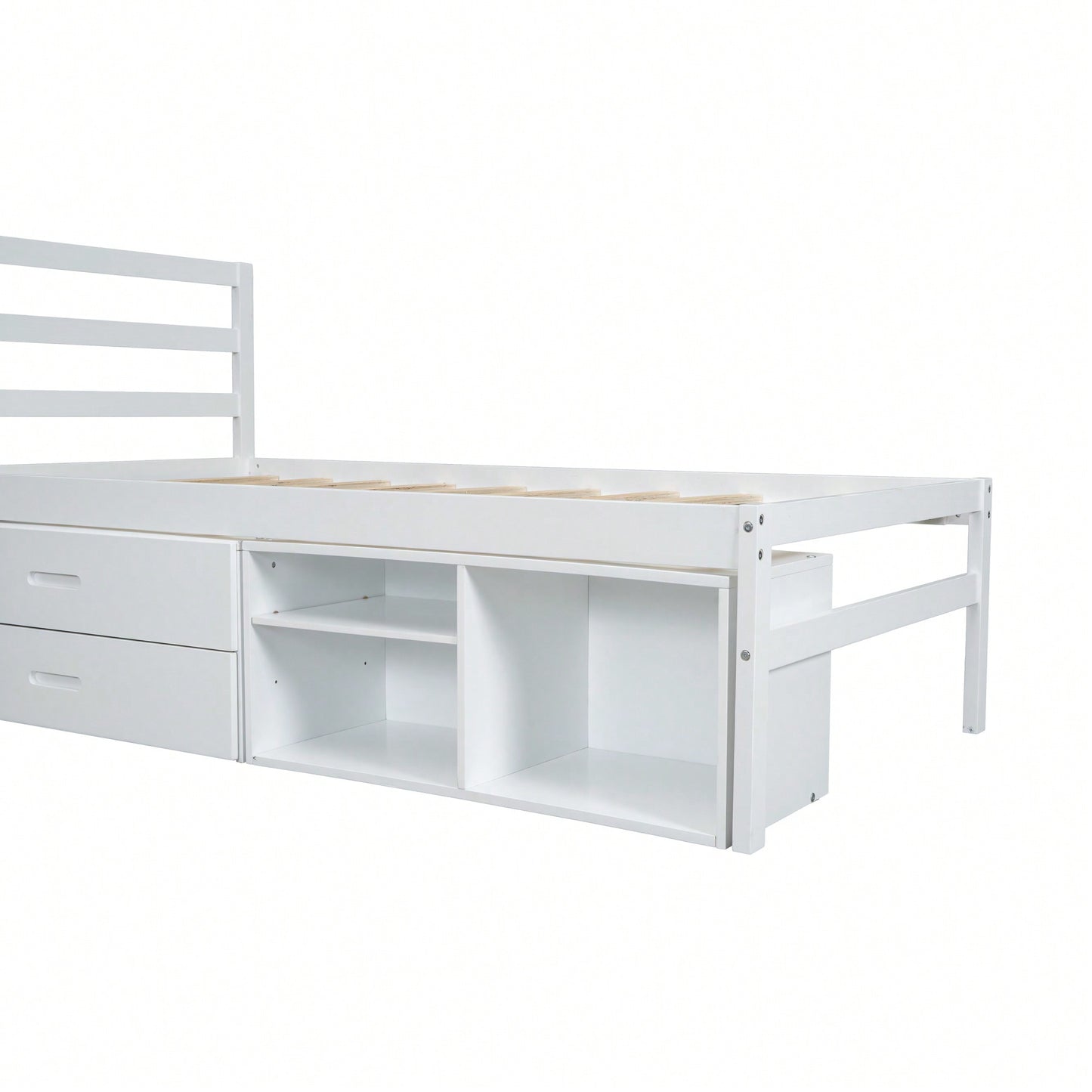 Wood Twin Size Platform Bed With Removable Storage Shelves And Built-In Drawers For Convenient Organization In White