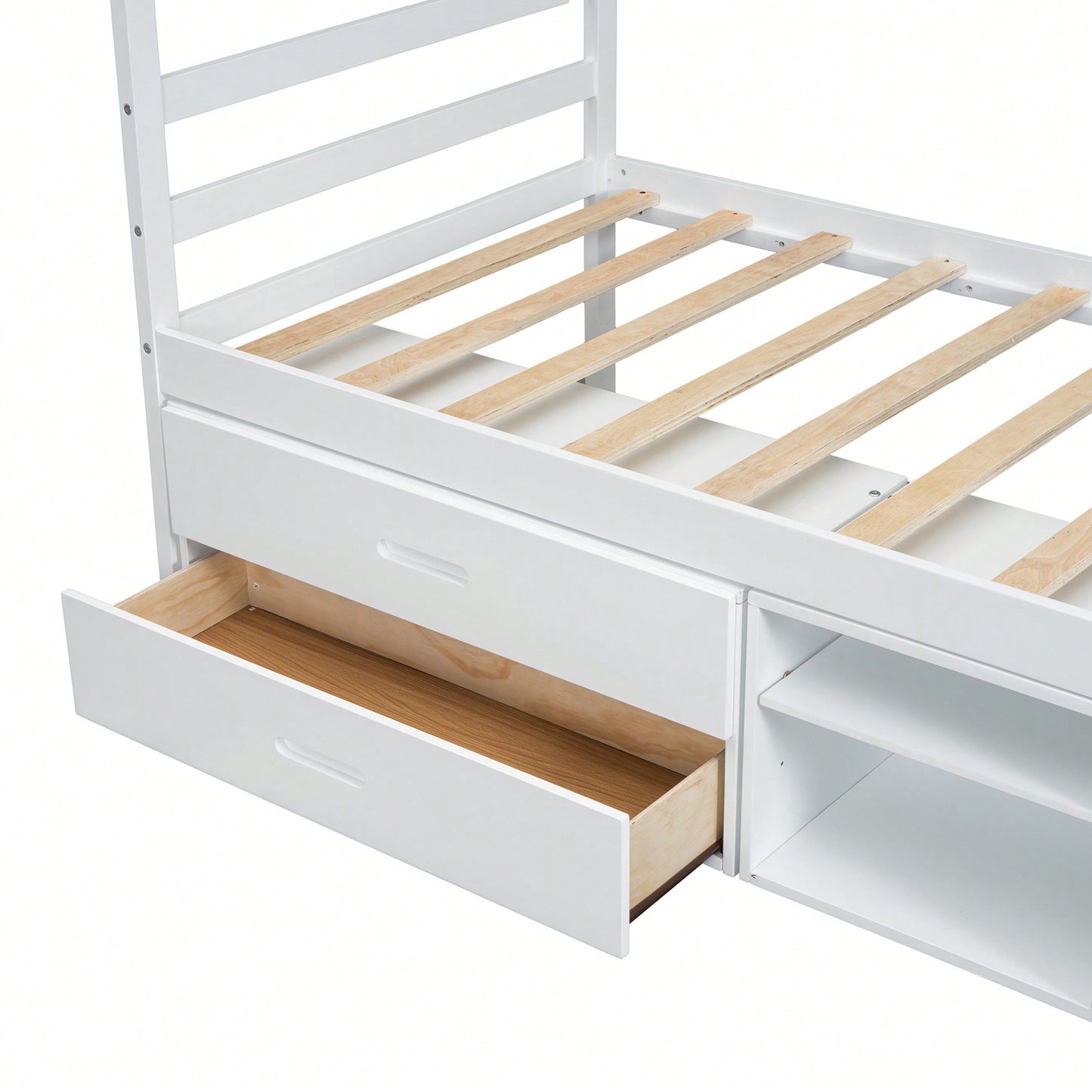 Wood Twin Size Platform Bed With Removable Storage Shelves And Built-In Drawers For Convenient Organization In White