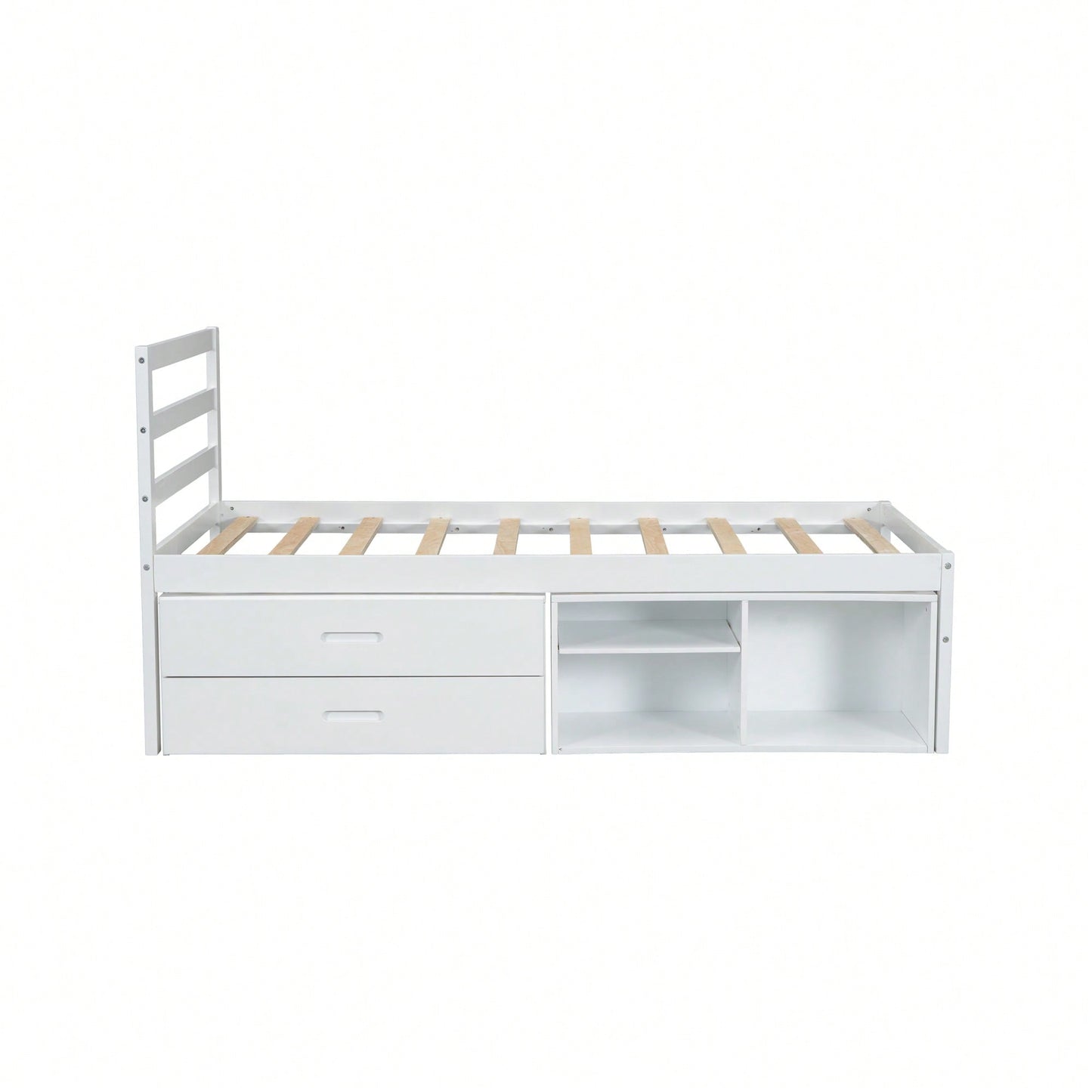 Wood Twin Size Platform Bed With Removable Storage Shelves And Built-In Drawers For Convenient Organization In White