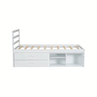 Wood Twin Size Platform Bed With Removable Storage Shelves And Built-In Drawers For Convenient Organization In White