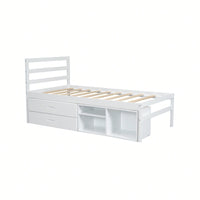 Wood Twin Size Platform Bed With Removable Storage Shelves And Built-In Drawers For Convenient Organization In White