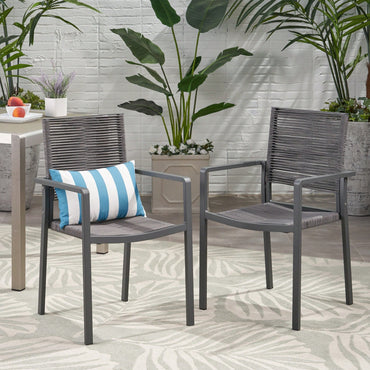 Stylish Outdoor Aluminum Dining Chairs With Rope Seat Set Of 2 Dark Gray And Black