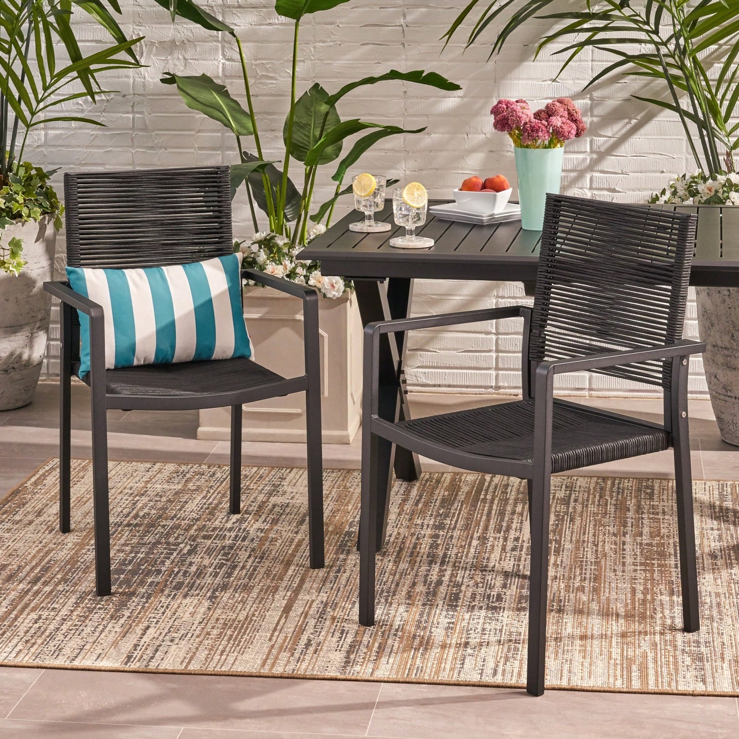 Stylish Outdoor Aluminum Dining Chairs With Rope Seat Set Of 2 Dark Gray And Black