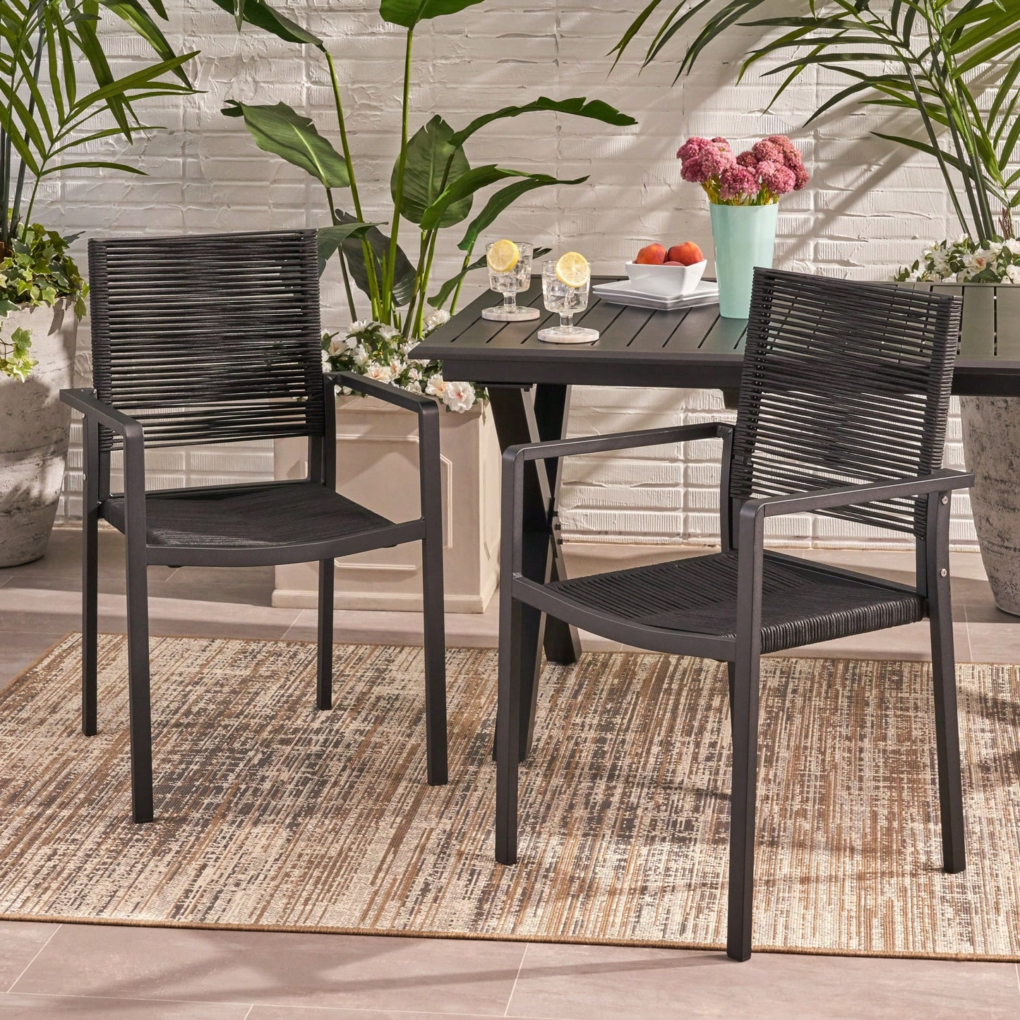 Stylish Outdoor Aluminum Dining Chairs With Rope Seat Set Of 2 Dark Gray And Black