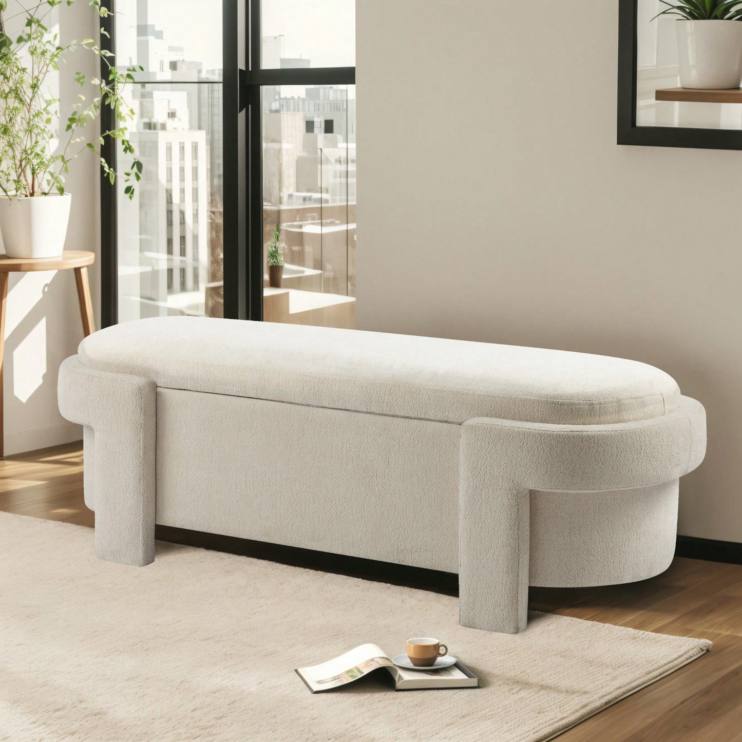 Versatile Beige Storage Ottoman Bench For Living Room And Bedroom - Spacious Durable Design