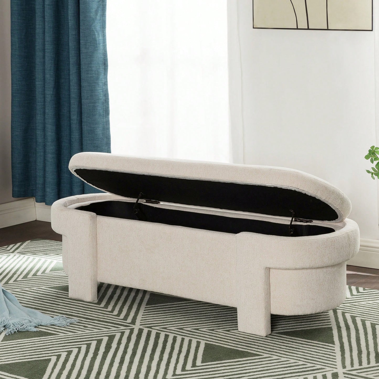 Versatile Beige Storage Ottoman Bench For Living Room And Bedroom - Spacious Durable Design