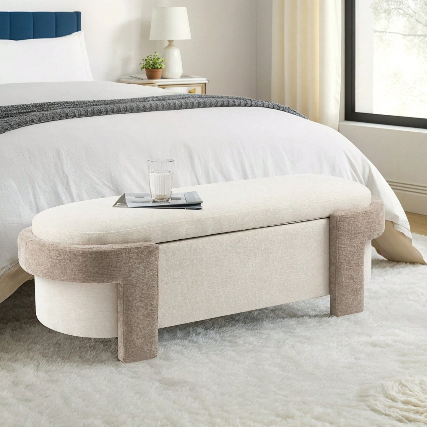 Versatile Beige Storage Ottoman Bench For Living Room And Bedroom - Spacious Durable Design