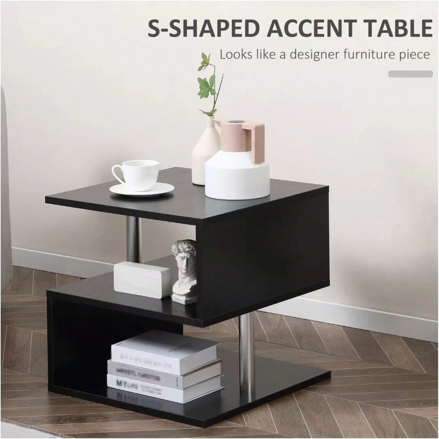 Modern Black Coffee Table With S-Shaped Design And 3-Tier Open Storage Shelf For Living Room And Home Office