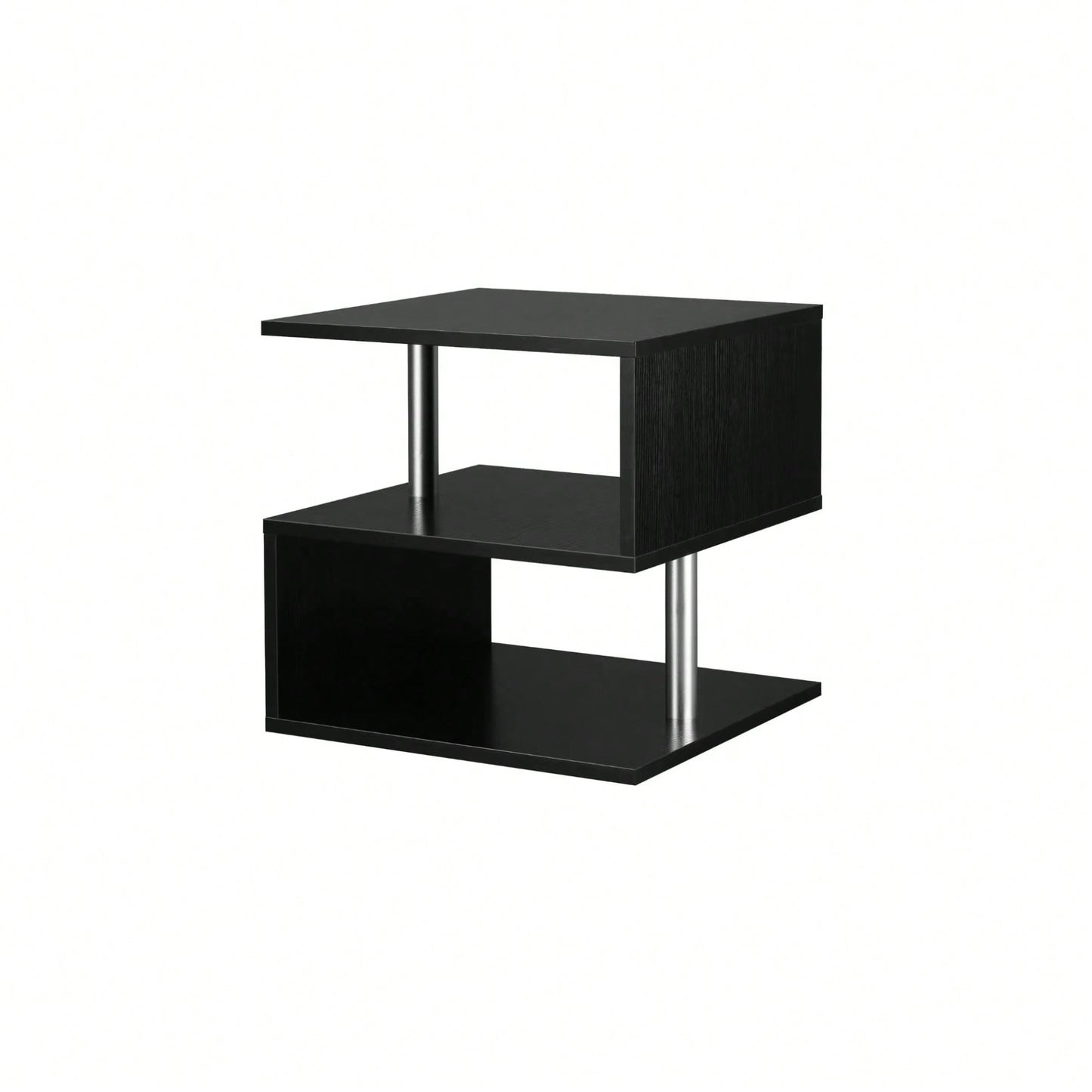 Modern Black Coffee Table With S-Shaped Design And 3-Tier Open Storage Shelf For Living Room And Home Office