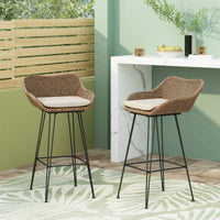 Set Of 2, Outdoor Wicker And Iron Low Back Barstools With Beige Cushions Light Brown