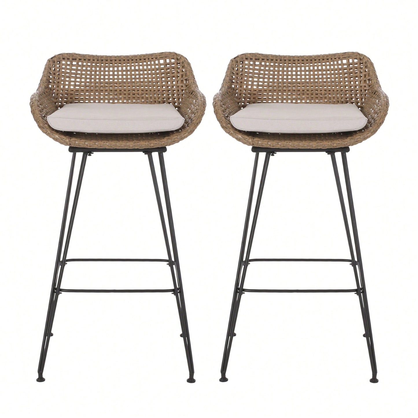 Set Of 2, Outdoor Wicker And Iron Low Back Barstools With Beige Cushions Light Brown