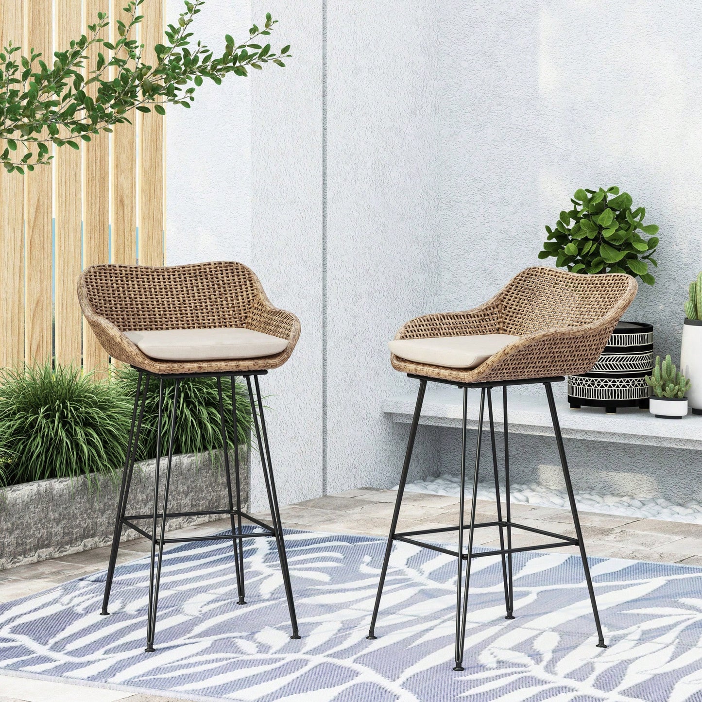 Set Of 2, Outdoor Wicker And Iron Low Back Barstools With Beige Cushions Light Brown