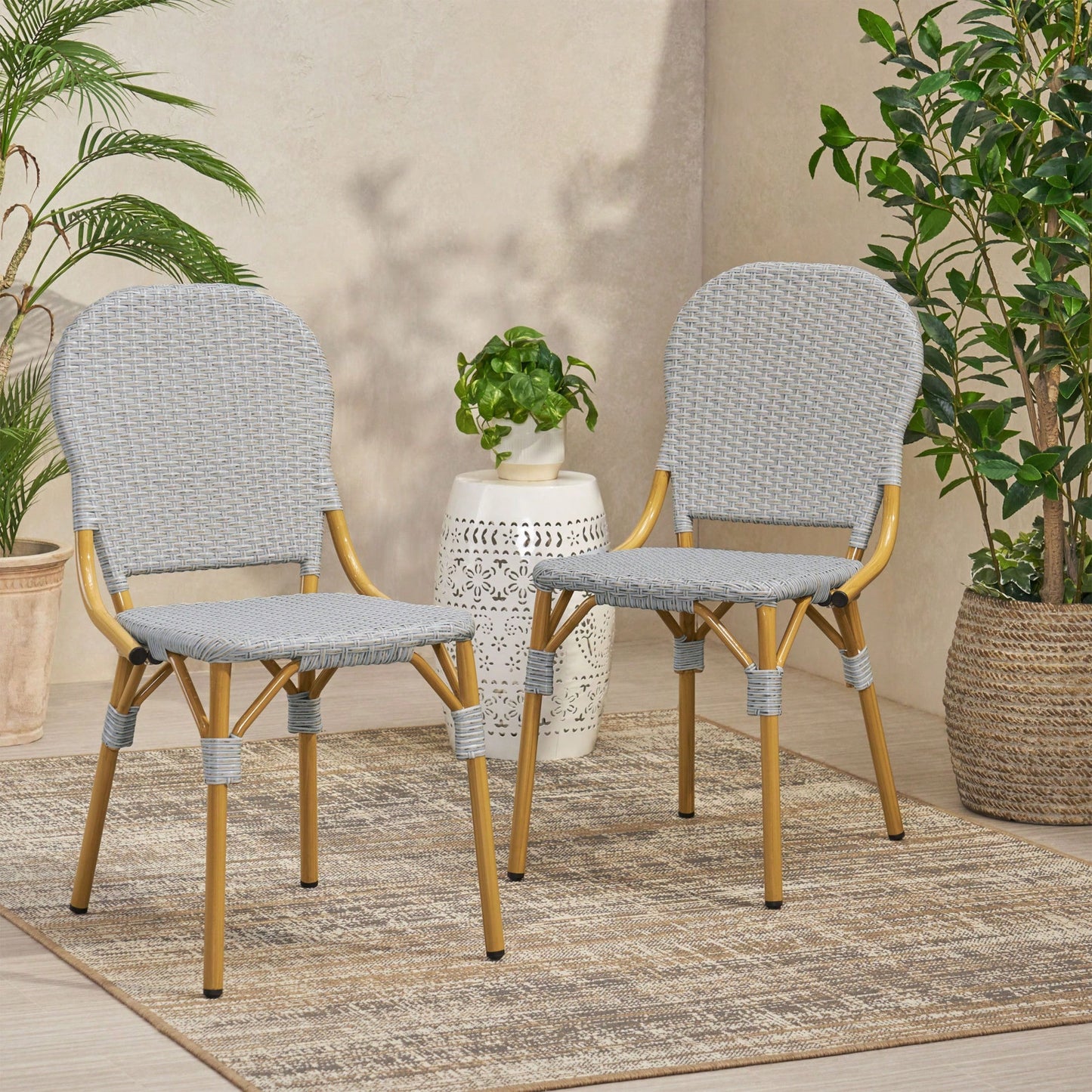 Outdoor Armless French Bistro Chairs Set Of 2 In Gray And Bamboo Finish For Patio Dining