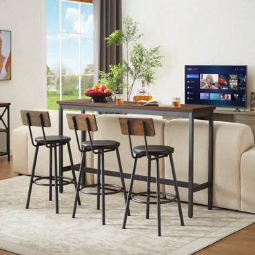 Industrial Long Bar Table Set With 3 PU Upholstered Stools For Kitchen Breakfast Living Room Rustic Brown And Black 63 Inch Length