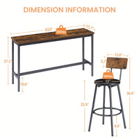 Industrial Long Bar Table Set With 3 PU Upholstered Stools For Kitchen Breakfast Living Room Rustic Brown And Black 63 Inch Length
