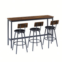 Industrial Long Bar Table Set With 3 PU Upholstered Stools For Kitchen Breakfast Living Room Rustic Brown And Black 63 Inch Length