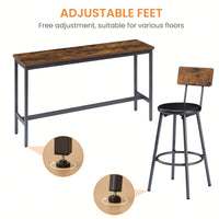 Industrial Long Bar Table Set With 3 PU Upholstered Stools For Kitchen Breakfast Living Room Rustic Brown And Black 63 Inch Length