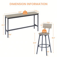 Industrial Long Bar Table Set With 3 PU Upholstered Stools For Kitchen Breakfast Living Room Rustic Brown And Black 63 Inch Length