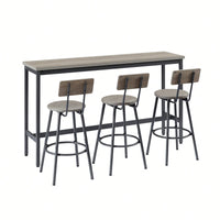 Industrial Long Bar Table Set With 3 PU Upholstered Stools For Kitchen Breakfast Living Room Rustic Brown And Black 63 Inch Length