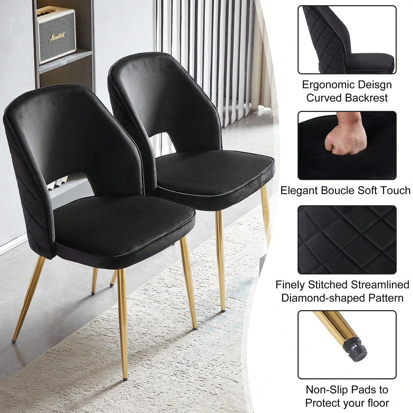 Elegant Black Velvet Upholstered Dining Chairs Set Of 4 With Metal Legs And Stylish Hollow Back Design