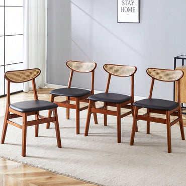 Set Of 4  Stylish Solid Wood Dining Chair With Curved Back And PU Cushion For Everyday Use