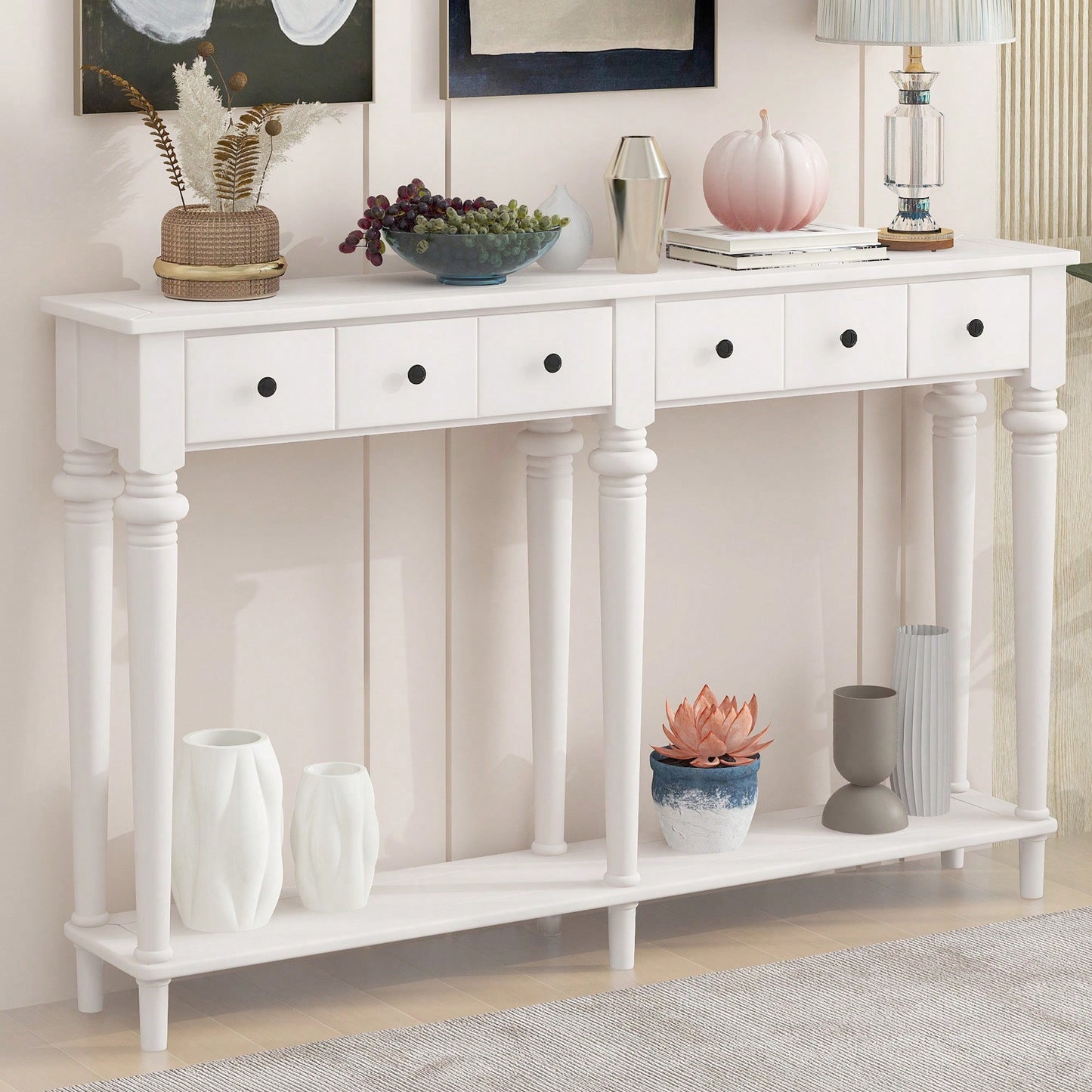 Vintage Style Console Table With 4 Drawers And Open Shelf For Entryways Living Rooms And Hallways In Old Pine Finish