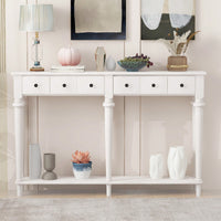 Vintage Style Console Table With 4 Drawers And Open Shelf For Entryways Living Rooms And Hallways In Old Pine Finish