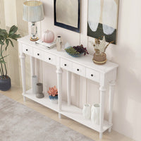 Vintage Style Console Table With 4 Drawers And Open Shelf For Entryways Living Rooms And Hallways In Old Pine Finish